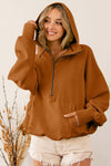 KaleaBoutique  Brown Ribbed Trim Kangaroo Pocket Zipped Hoodie - KaleaBoutique.com