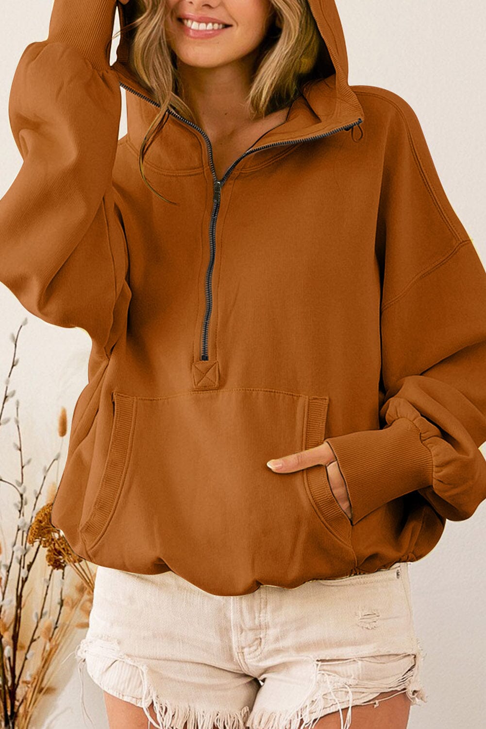 KaleaBoutique  Brown Ribbed Trim Kangaroo Pocket Zipped Hoodie - KaleaBoutique.com