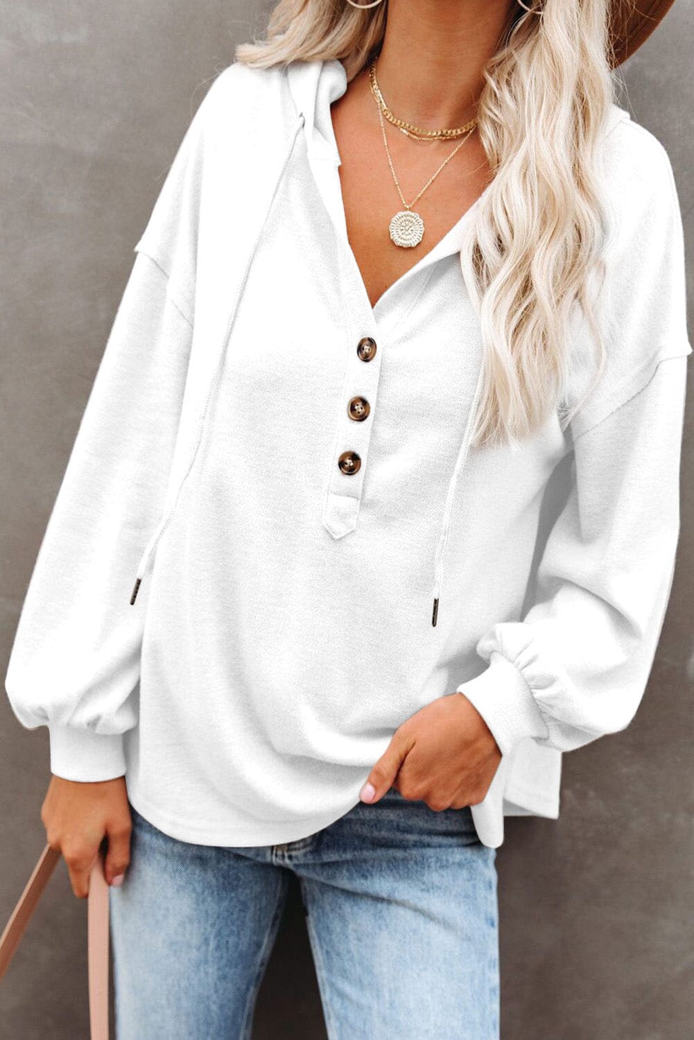 KaleaBoutique Buttoned High and Low Hem Hoodie - KaleaBoutique.com