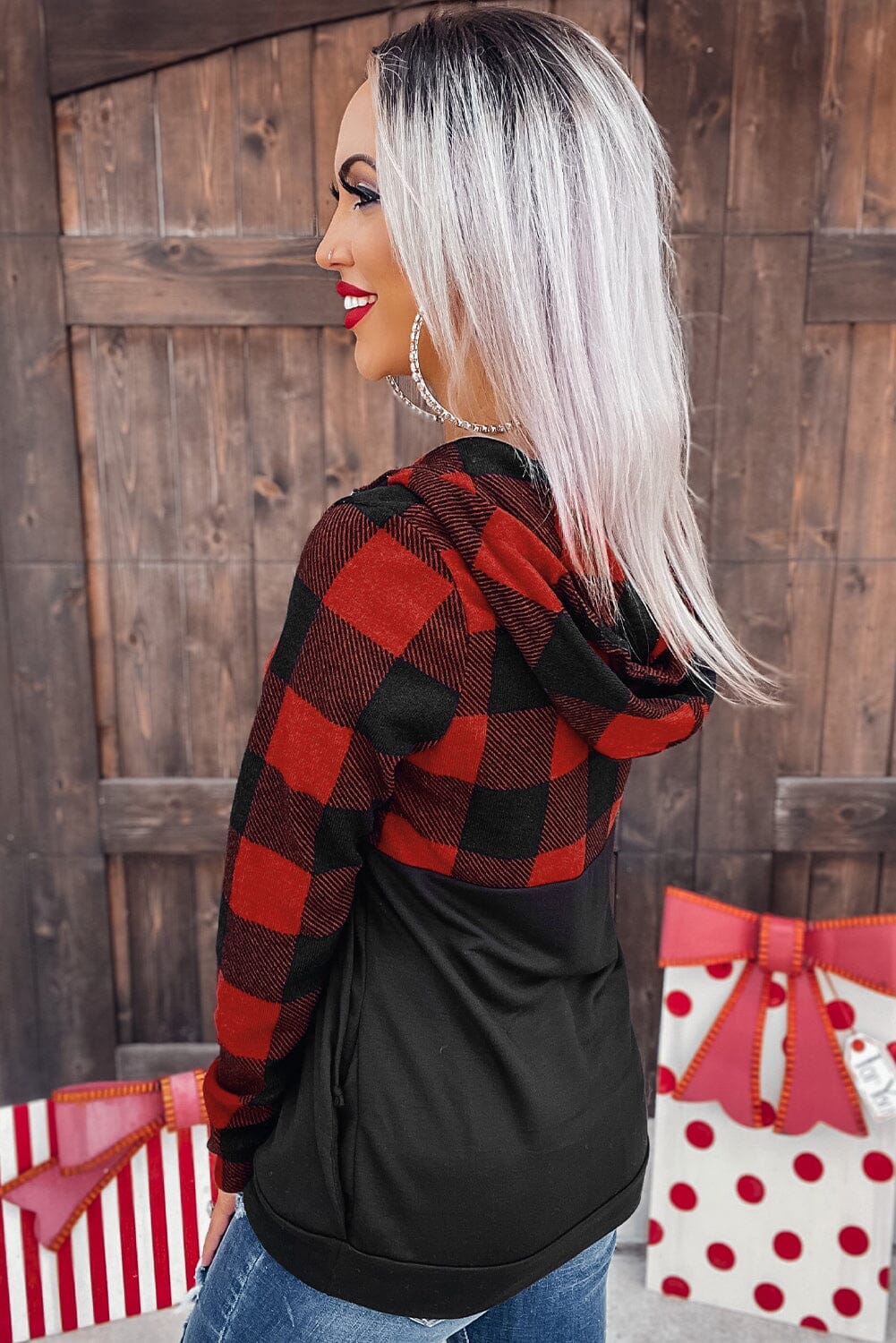 KaleaBoutique Contrast Buffalo Plaid Zip Pullover Hooded Top - KaleaBoutique.com