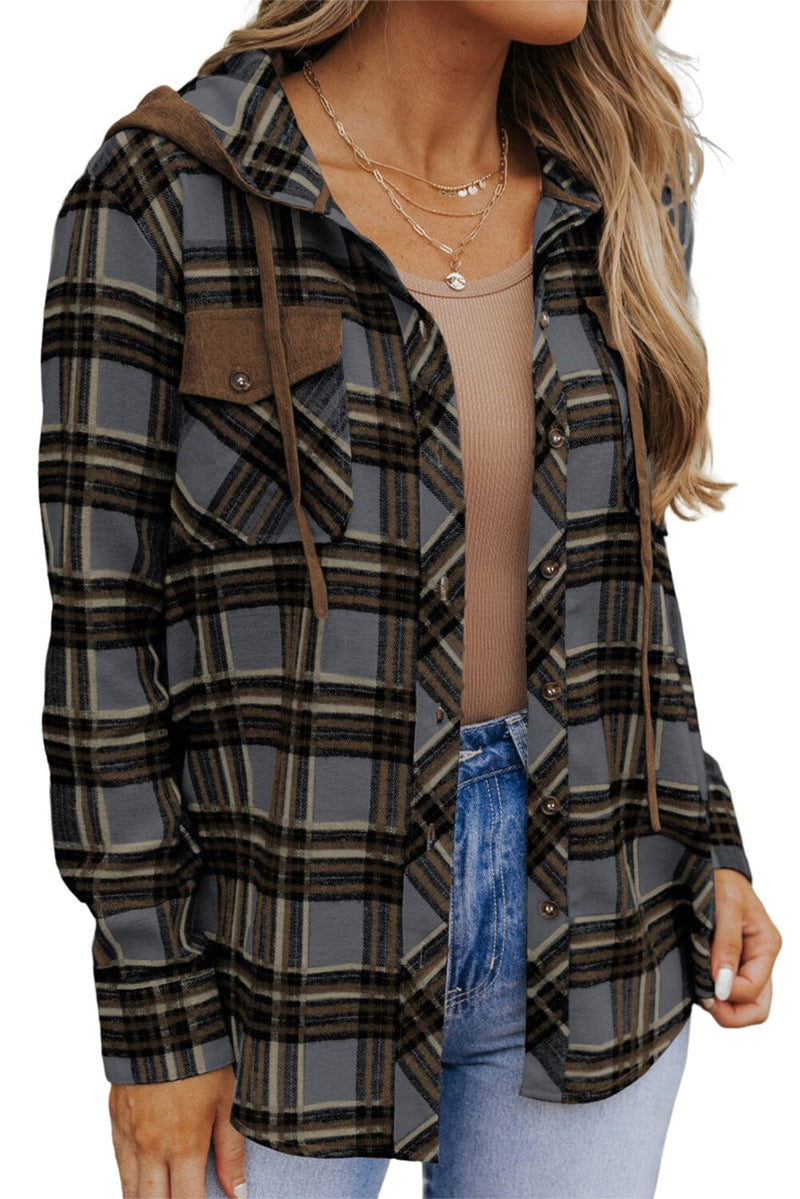 KaleaBoutique Contrast Hooded Drawstring Plaid Shacket - KaleaBoutique.com