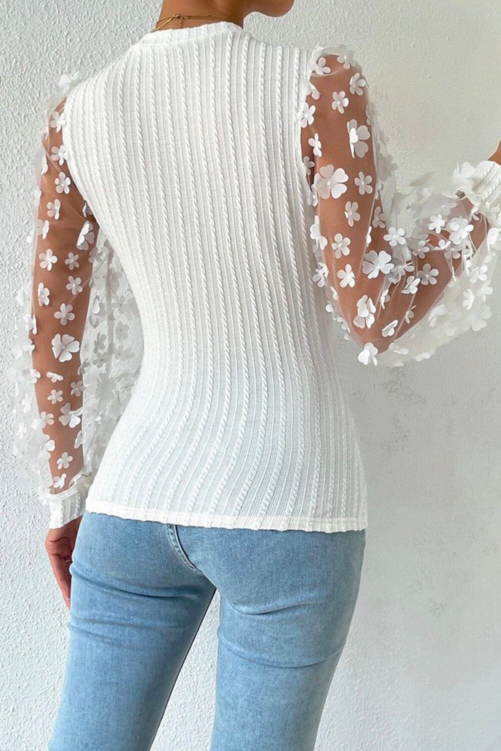 KaleaBoutique Floral Applique Mesh Sleeves Textured Knit Blouse - KaleaBoutique.com