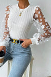 KaleaBoutique Floral Applique Mesh Sleeves Textured Knit Blouse - KaleaBoutique.com