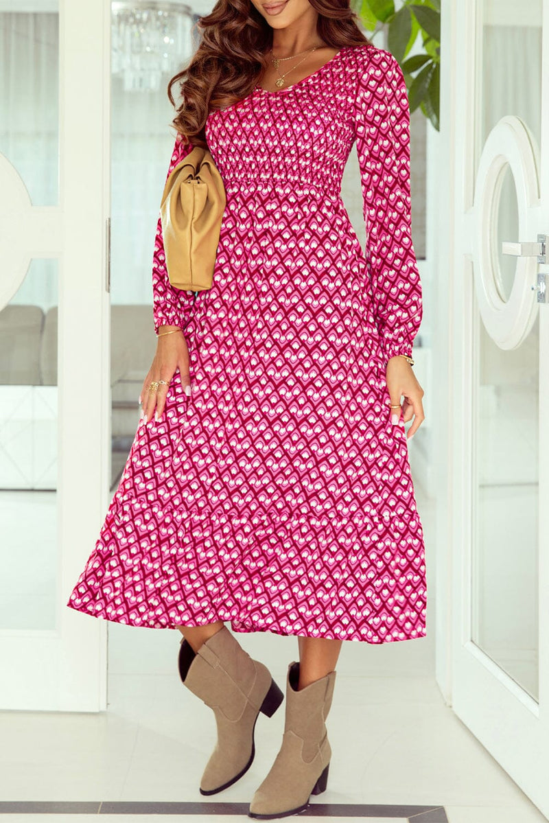 KaleaBoutique Geometric Print Shirred V Neck High Waist Long Dress - KaleaBoutique.com