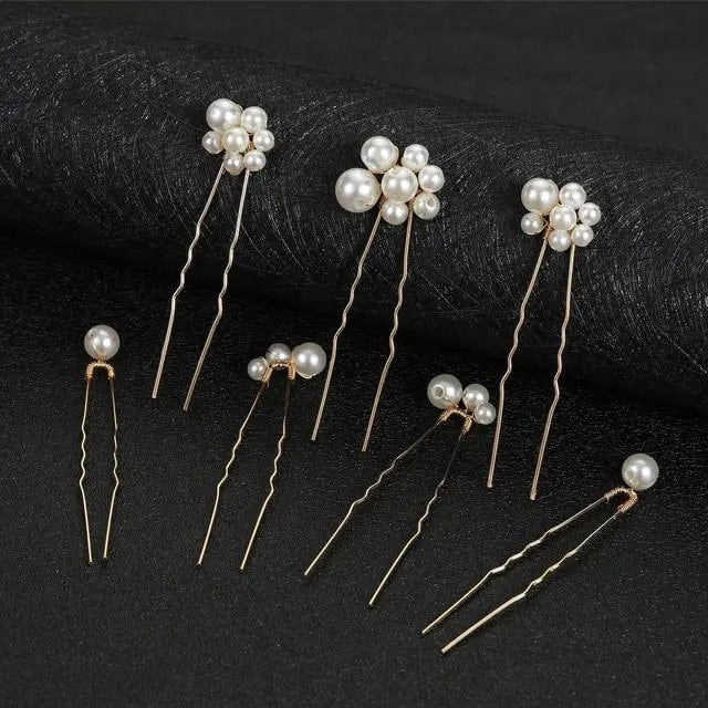 Pearl Cluster 7 PC Hairpin Set, Wedding Pearl Bridal U Hair Pin, Minimalist Bride Pearl Hairpiece Set - KaleaBoutique.com