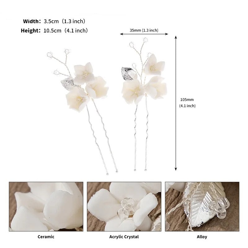 Porcelain Flower 2 PC Hairpin Set, Wedding Clay Floral U-Shape Hair Pins, Bridal Ceramic Flower Hair Pin Set - KaleaBoutique.com