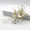 Ceramic Flower Bridal Pearl Hairclip, Rhinestone Leaf Wedding Alligator Hairclip, Bridesmaid Gold Flower Hairpiece - KaleaBoutique.com