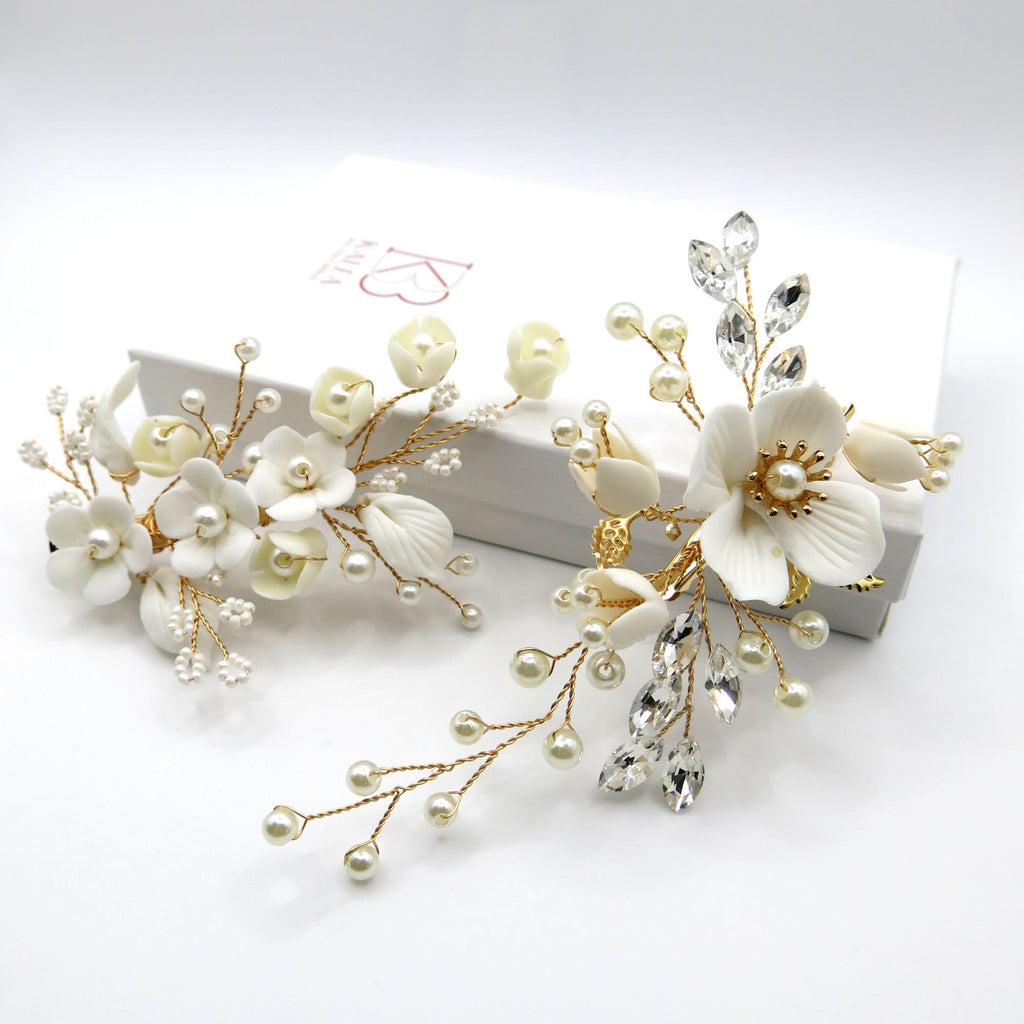 Ceramic Flower Bridal Pearl Hairclip, Rhinestone Leaf Wedding Alligator Hairclip, Bridesmaid Gold Flower Hairpiece - KaleaBoutique.com