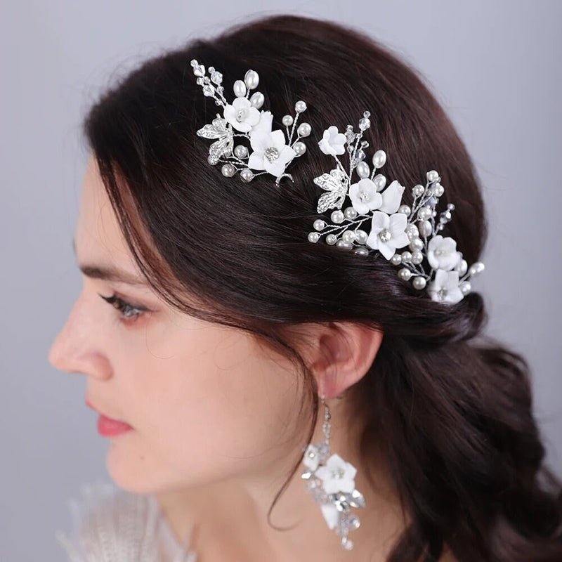 Set of 3 Flower Hairpins or Bridal Earrings, Wedding U-Shaped Floral Hairpins or Crystal Dangle Earrings - KaleaBoutique.com