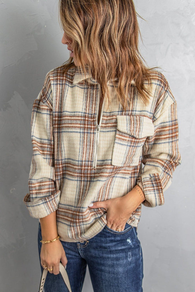 KaleaBoutique Stylish Chest Pocket Plaid Half Zip Sweatshirt - KaleaBoutique.com