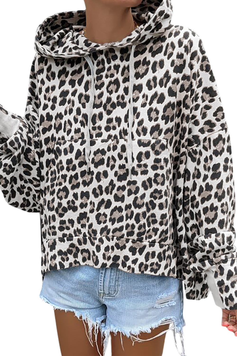 Leopard & Floral Print Kangaroo Pocket Hoodie, Casual Long Sleeve