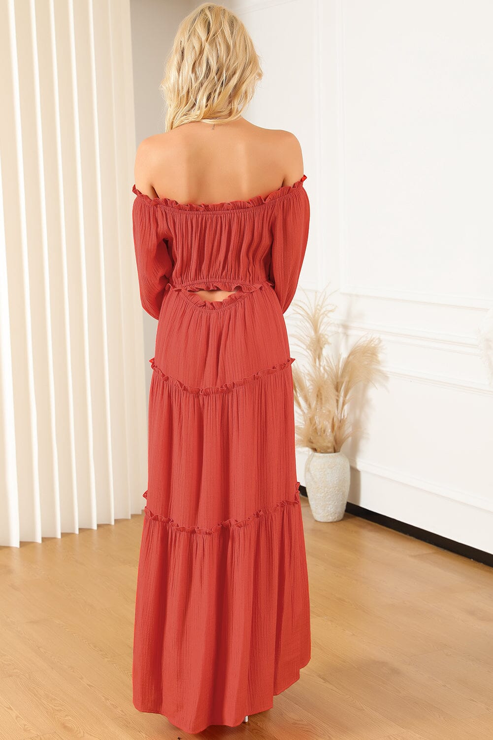 KaleaBoutique Off Shoulder Balloon Sleeve Cutout Ruffled Maxi Dress - KaleaBoutique.com