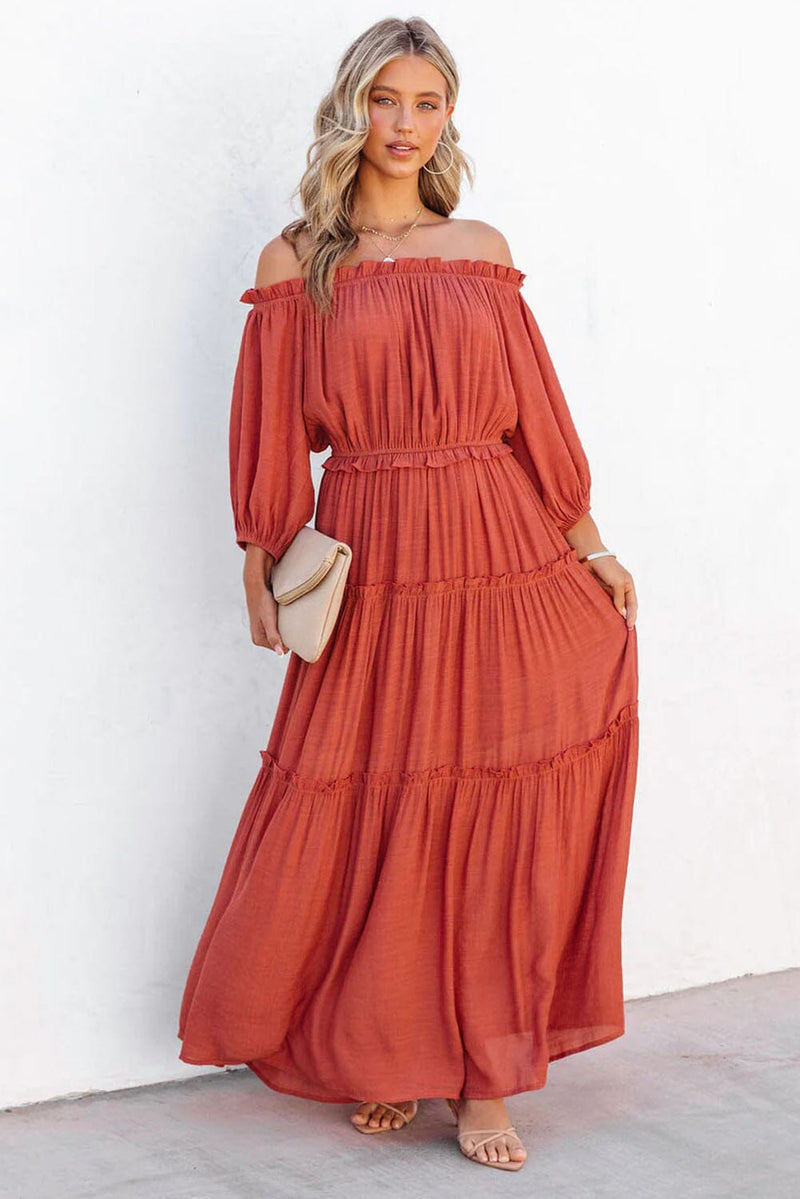 KaleaBoutique Off Shoulder Balloon Sleeve Cutout Ruffled Maxi Dress - KaleaBoutique.com