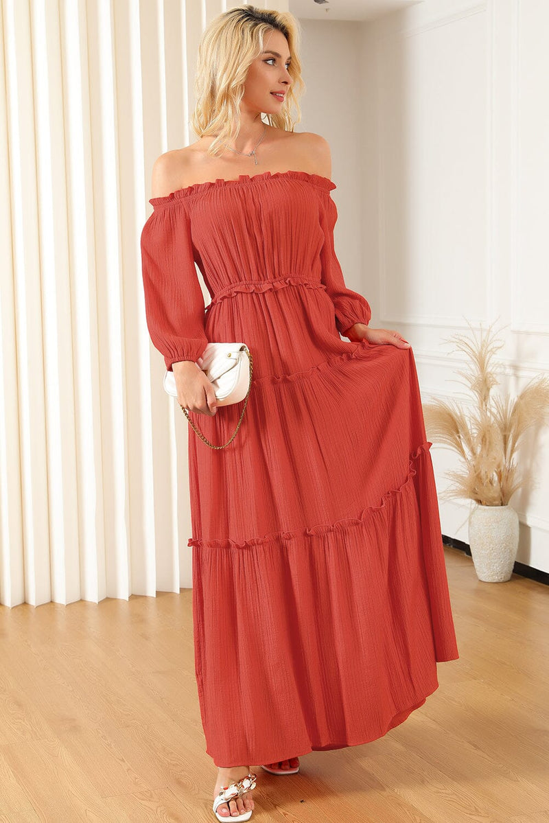 KaleaBoutique Off Shoulder Balloon Sleeve Cutout Ruffled Maxi Dress - KaleaBoutique.com