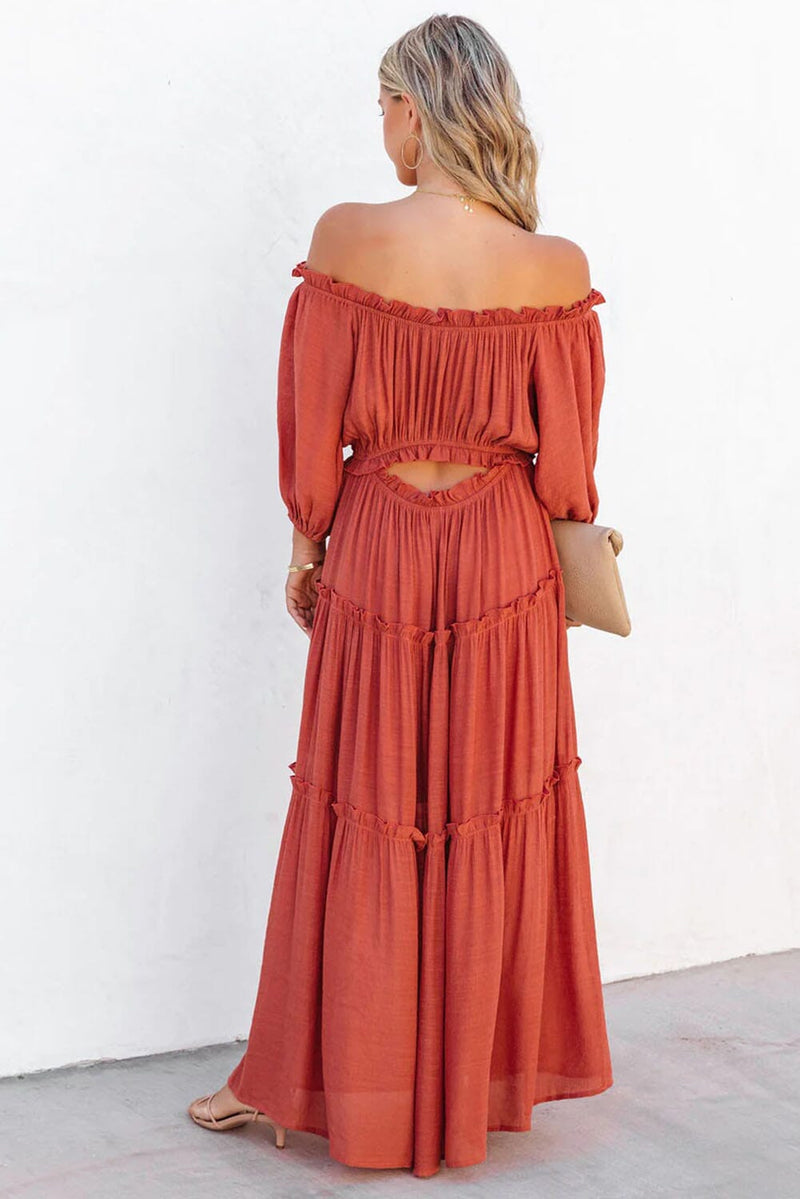 KaleaBoutique Off Shoulder Balloon Sleeve Cutout Ruffled Maxi Dress - KaleaBoutique.com