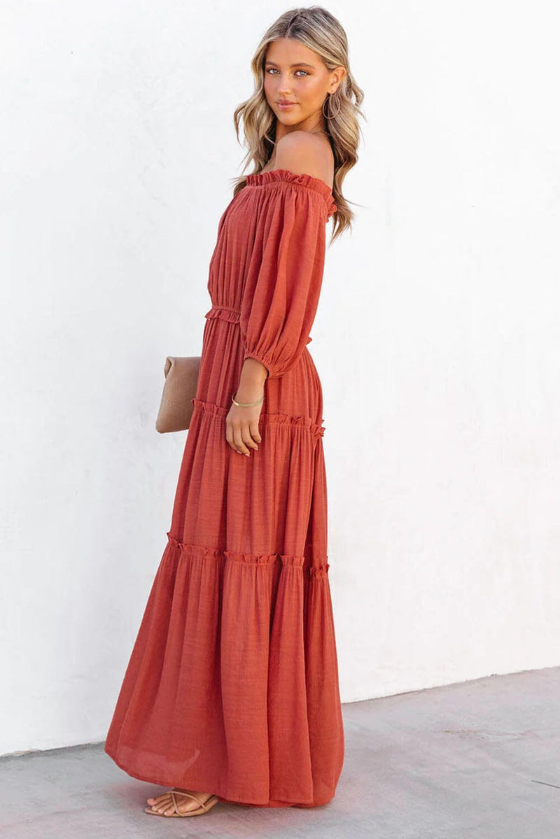 KaleaBoutique Off Shoulder Balloon Sleeve Cutout Ruffled Maxi Dress - KaleaBoutique.com