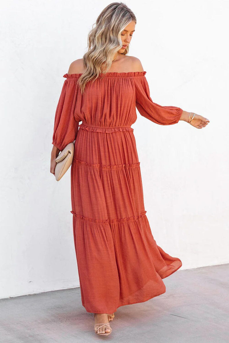 KaleaBoutique Off Shoulder Balloon Sleeve Cutout Ruffled Maxi Dress - KaleaBoutique.com