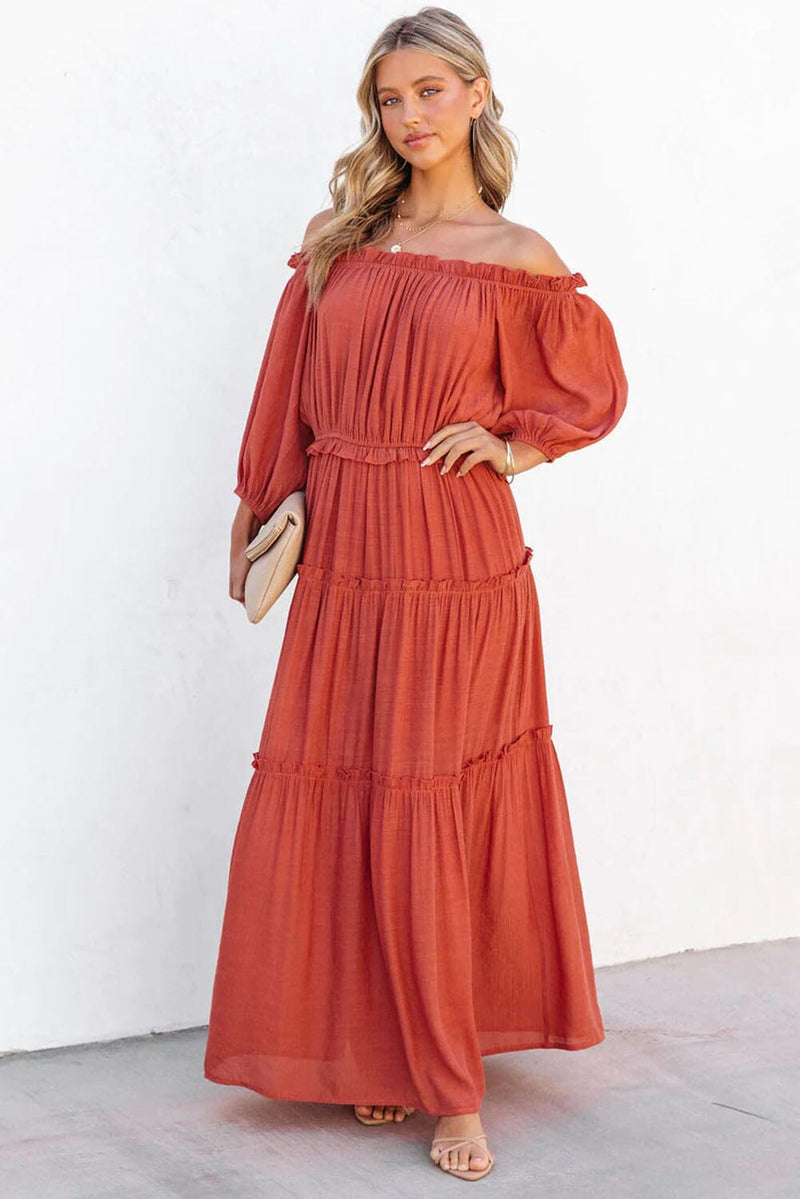 KaleaBoutique Off Shoulder Balloon Sleeve Cutout Ruffled Maxi Dress - KaleaBoutique.com