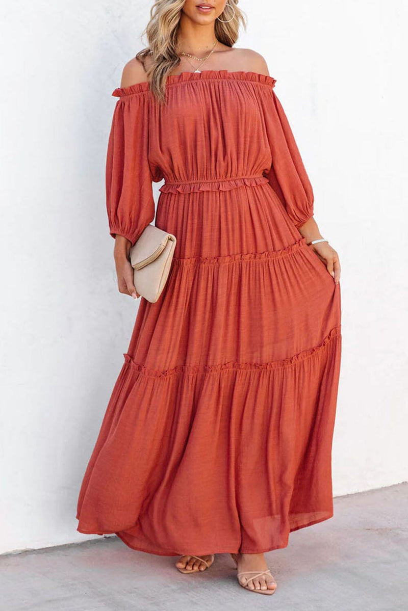 KaleaBoutique Off Shoulder Balloon Sleeve Cutout Ruffled Maxi Dress - KaleaBoutique.com