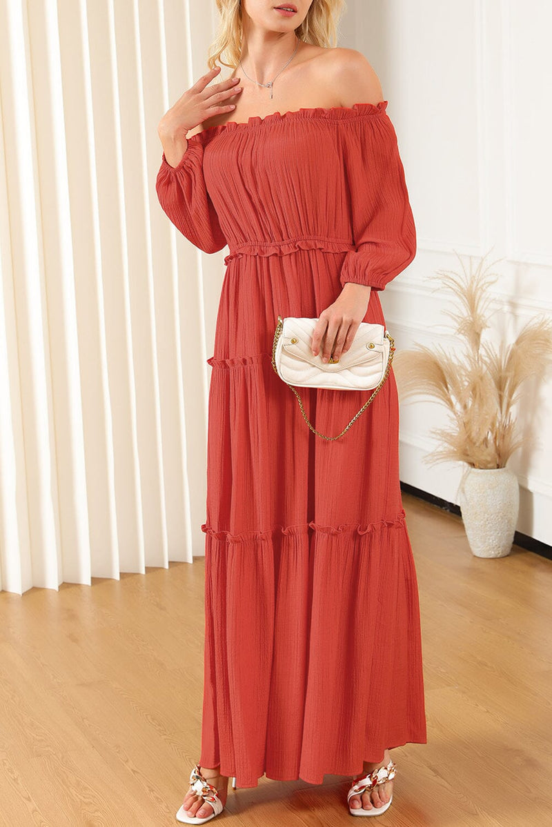 KaleaBoutique Off Shoulder Balloon Sleeve Cutout Ruffled Maxi Dress - KaleaBoutique.com