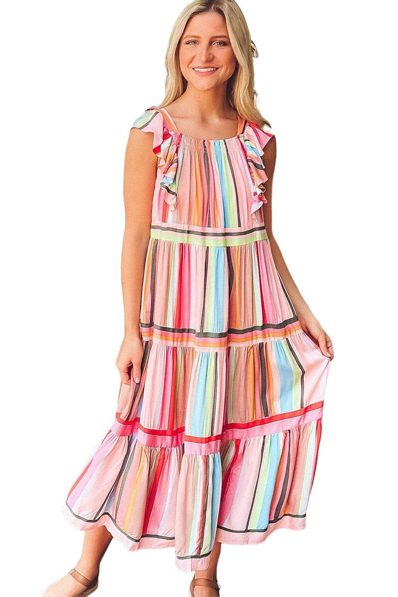 KaleaBoutique Rainbow Stripe Ruffles Ruched Tiered Dress - KaleaBoutique.com