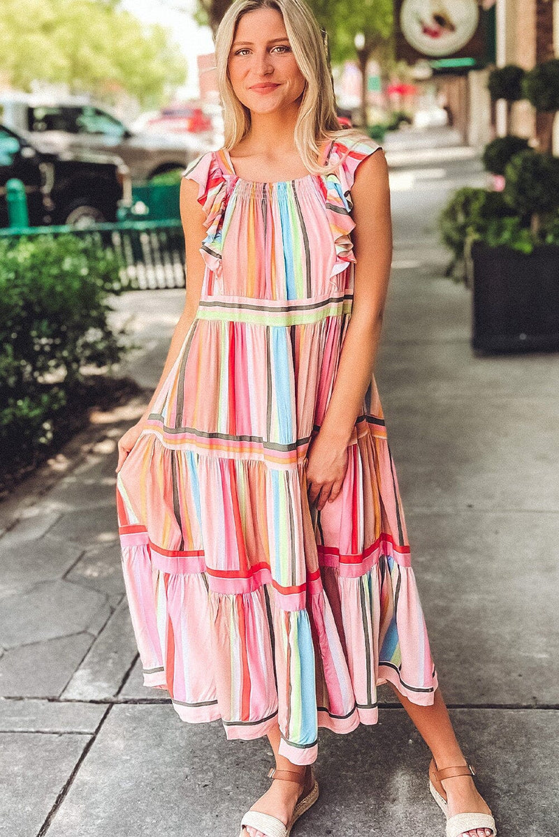 KaleaBoutique Rainbow Stripe Ruffles Ruched Tiered Dress - KaleaBoutique.com