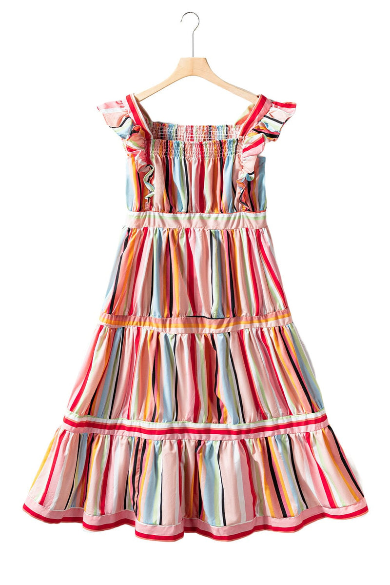 KaleaBoutique Rainbow Stripe Ruffles Ruched Tiered Dress - KaleaBoutique.com