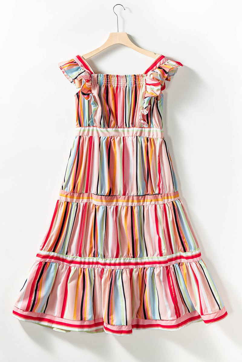 KaleaBoutique Rainbow Stripe Ruffles Ruched Tiered Dress - KaleaBoutique.com