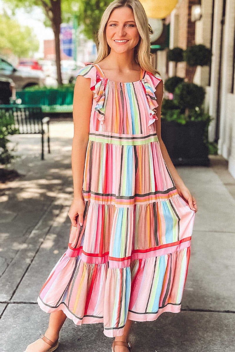 KaleaBoutique Rainbow Stripe Ruffles Ruched Tiered Dress - KaleaBoutique.com