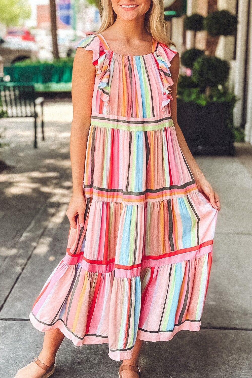 KaleaBoutique Rainbow Stripe Ruffles Ruched Tiered Dress - KaleaBoutique.com