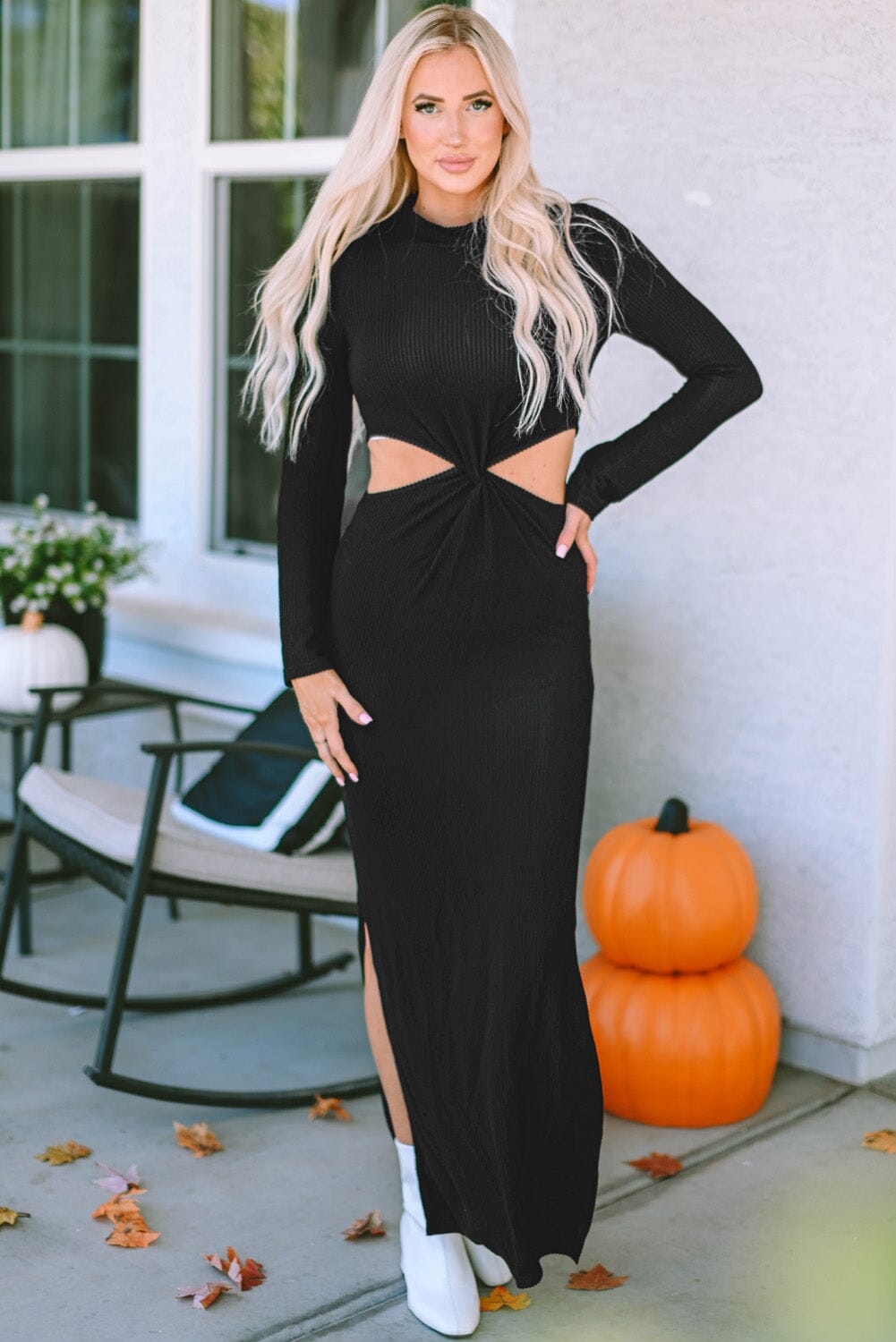 KaleaBoutique Ribbed Twist Cutout Long Sleeve Dress - KaleaBoutique.com