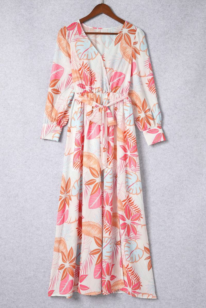 KaleaBoutique Tropical Plant Print Long Sleeve Wrap V-Neck Slit Maxi Dress - KaleaBoutique.com