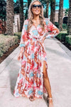 KaleaBoutique Tropical Plant Print Long Sleeve Wrap V-Neck Slit Maxi Dress - KaleaBoutique.com