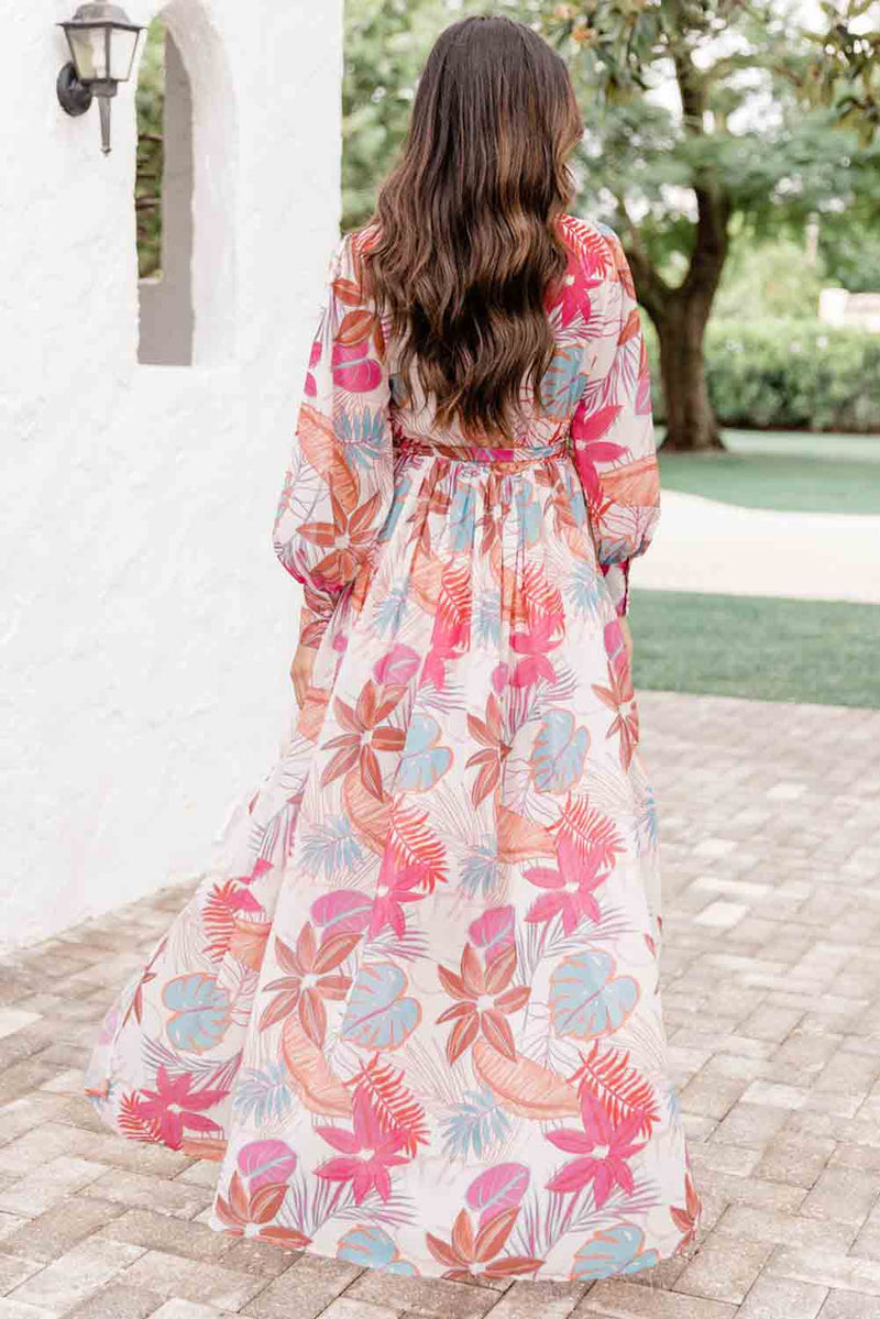 KaleaBoutique Tropical Plant Print Long Sleeve Wrap V-Neck Slit Maxi Dress - KaleaBoutique.com