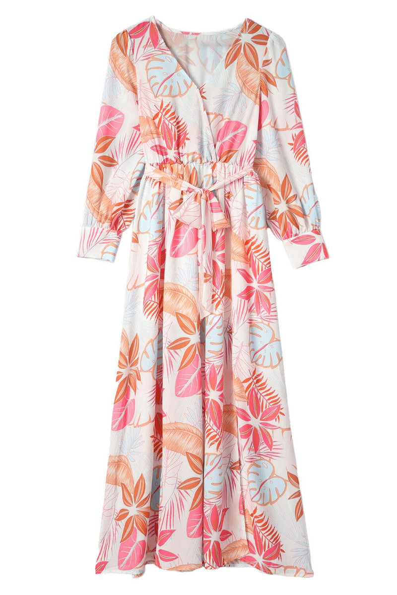 KaleaBoutique Tropical Plant Print Long Sleeve Wrap V-Neck Slit Maxi Dress - KaleaBoutique.com