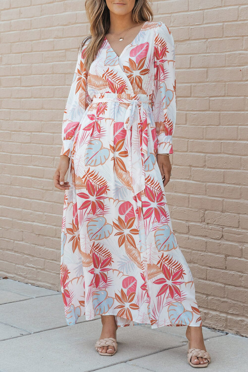 KaleaBoutique Tropical Plant Print Long Sleeve Wrap V-Neck Slit Maxi Dress - KaleaBoutique.com