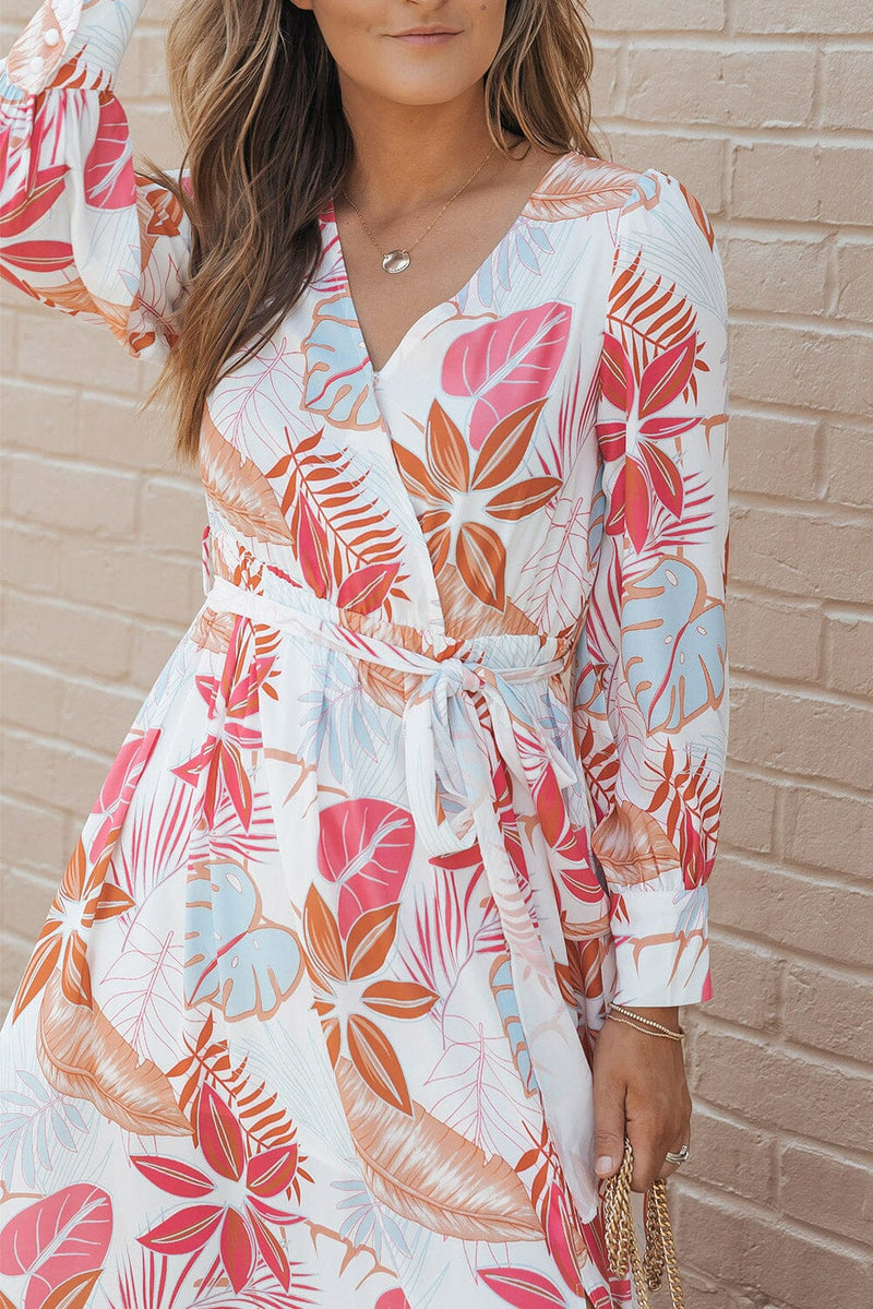 KaleaBoutique Tropical Plant Print Long Sleeve Wrap V-Neck Slit Maxi Dress - KaleaBoutique.com