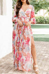 KaleaBoutique Tropical Plant Print Long Sleeve Wrap V-Neck Slit Maxi Dress - KaleaBoutique.com